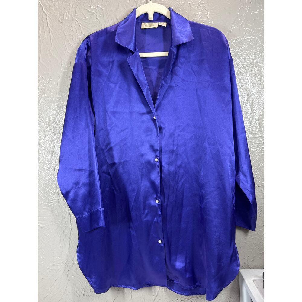 Victoria's Secret Satin Long Sleeve Sleep Shirt Gold Label‎ Purple Vintage Small